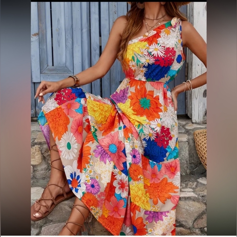 SHEIN VACAY One Shoulder Floral Maxi Dress - Multicolor - Picture 3 of 7